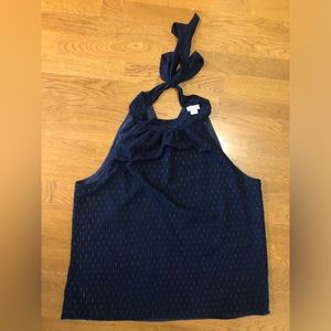 J. Crew, blue and gold, lined, high neck, sleeveless top with bow in the back